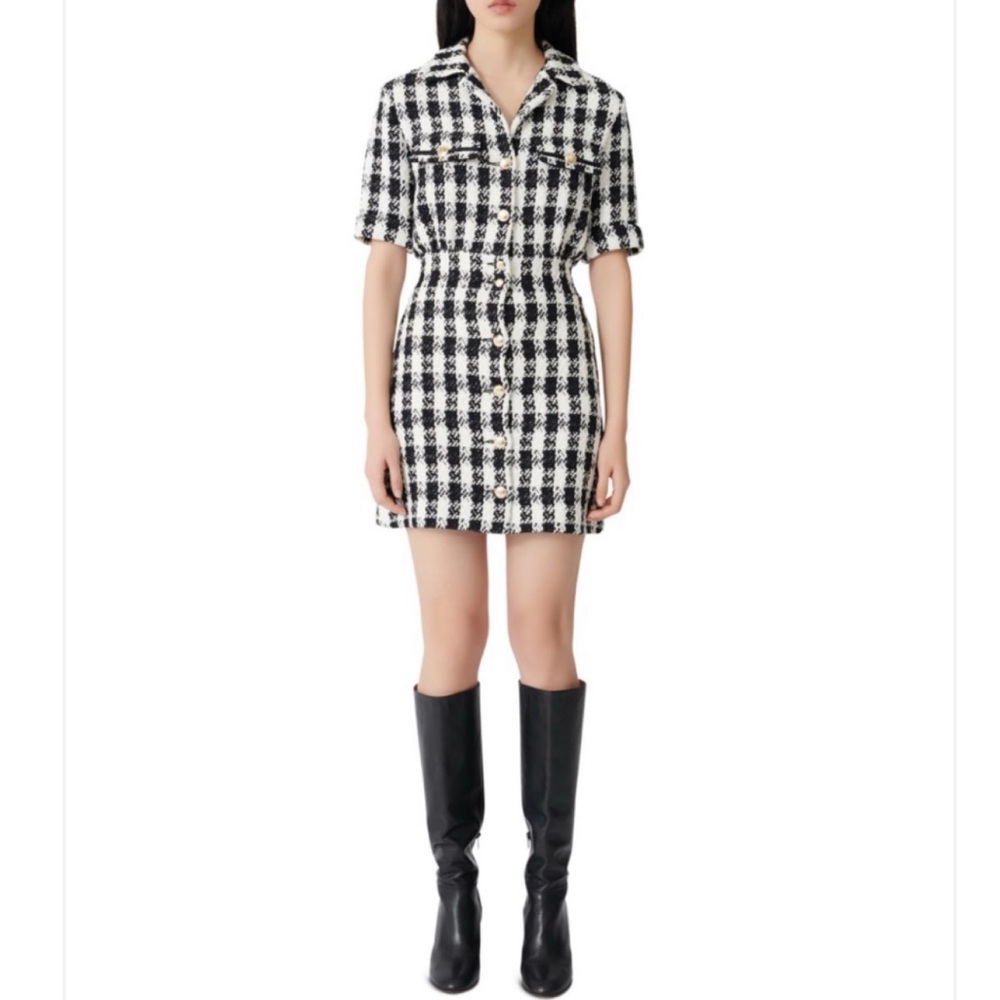 Maje Ricky Tweed Black White Houndstooth Mini Collar Shirt Mini Dress 36